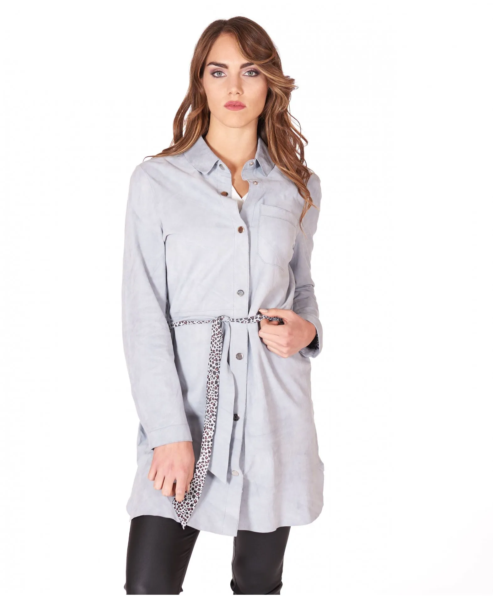 Chemise en cuir femme à ceinture cuir velours couleur bleu clair Ruby