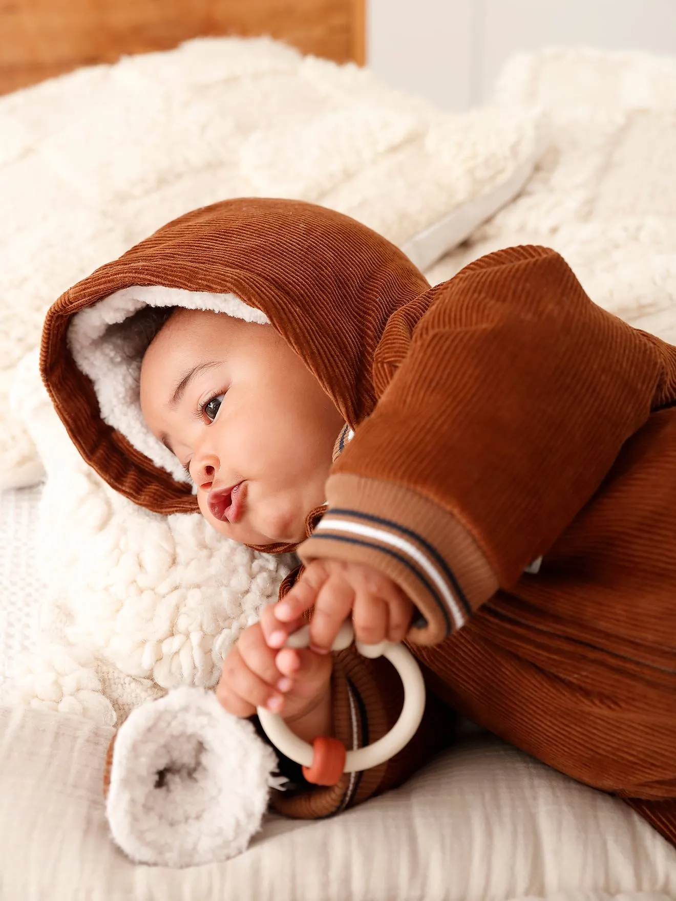 Combi-pilote en velours côtelé bébé avec pieds et moufles détachables beige - Vertbaudet