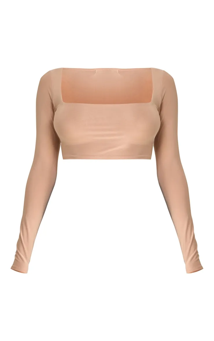 Crop top basique moulant taupe à col carré