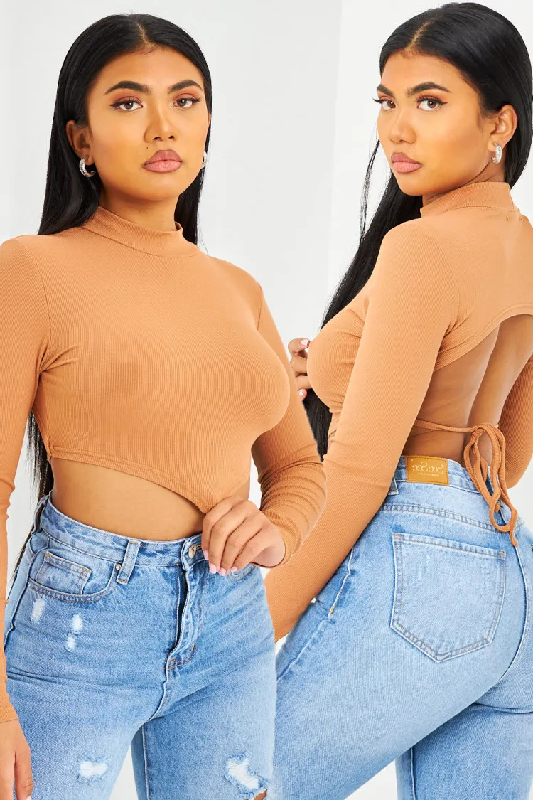 Crop top marron dos nu à lacets