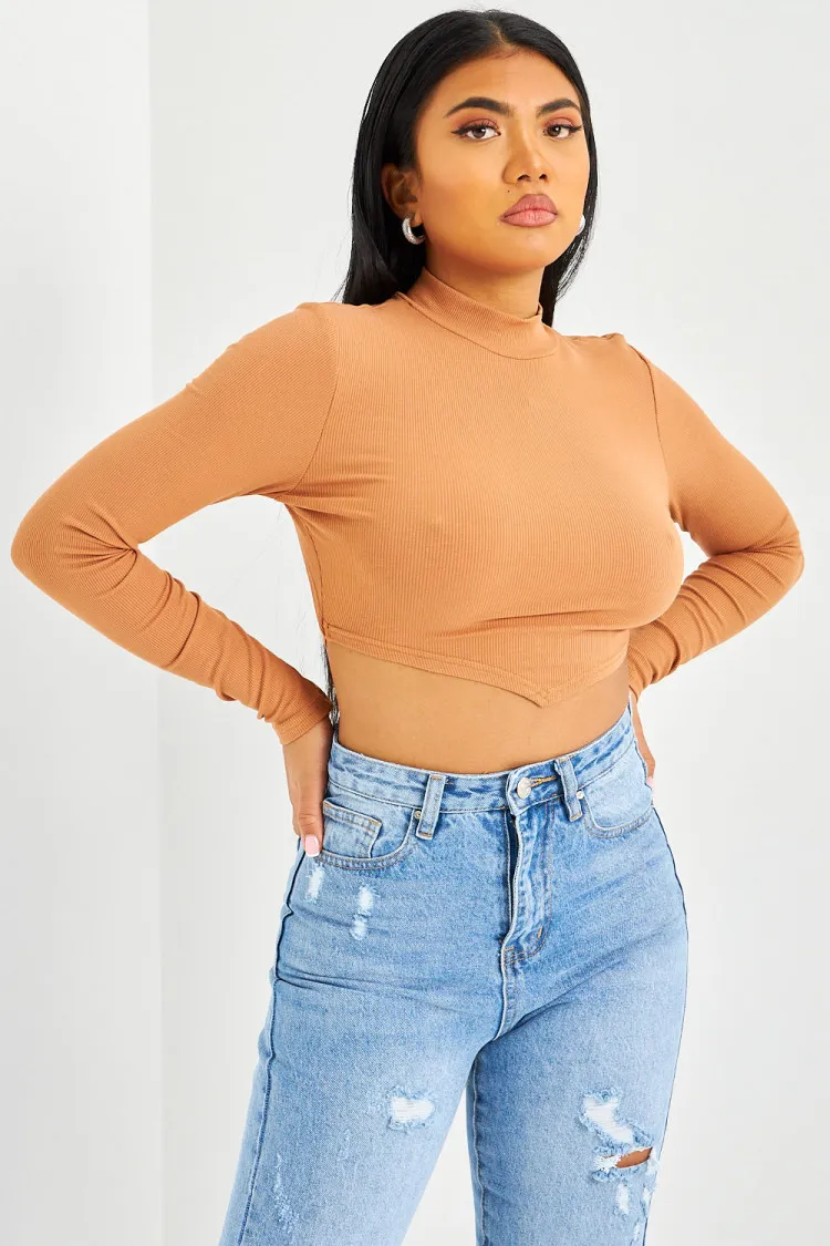 Crop top marron dos nu à lacets