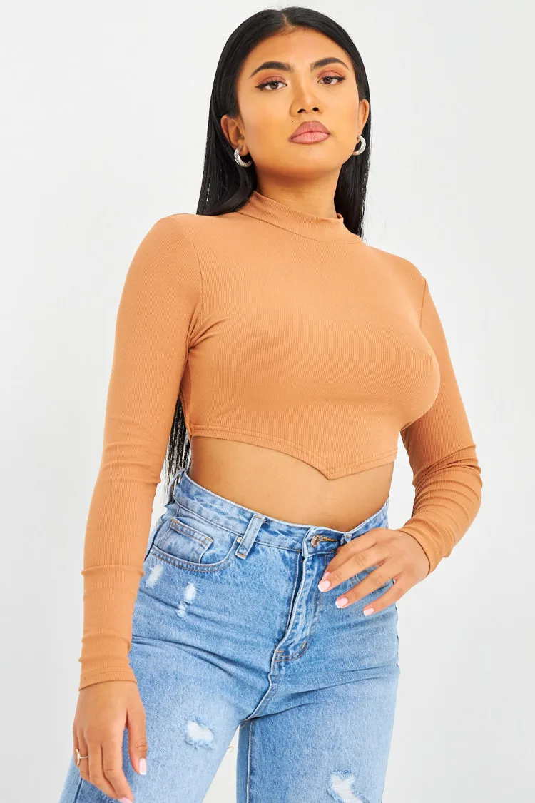 Crop top marron dos nu à lacets