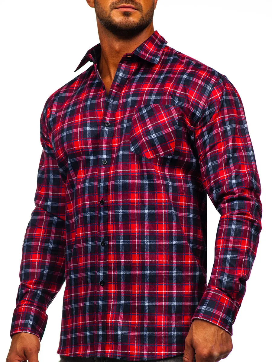 Homme Chemise en flanelle à carreaux à manche longue Rouge-Noir Bolf F3