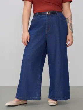  Jeans Denim à Jambe Large avec Ceinture et Poche à Taille Moyenne Curve & Plus