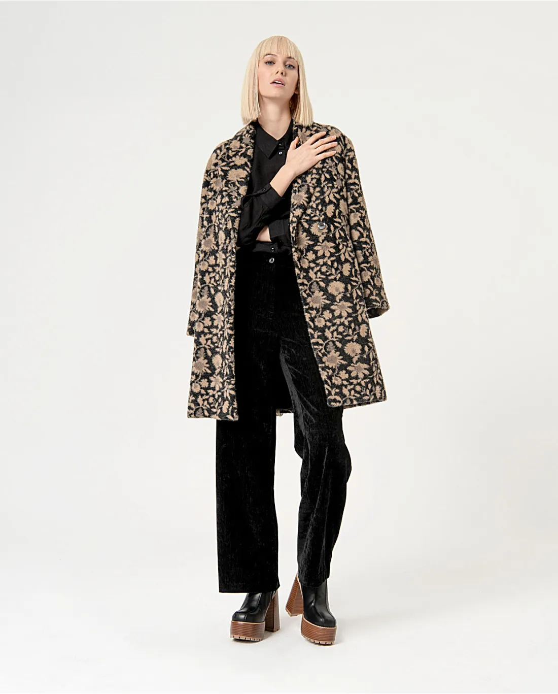 Manteau oversize en jacquard à double boutonnage Noir