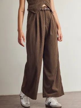  Pantalon Large à Taille Haute en Velours Côtelé avec Fermeture Éclair