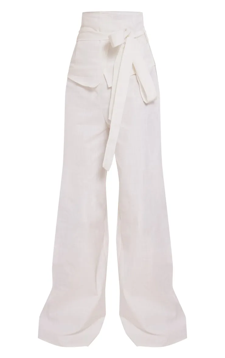 Pantalon oversize large en effet lin blanc à taille haute et ceinture