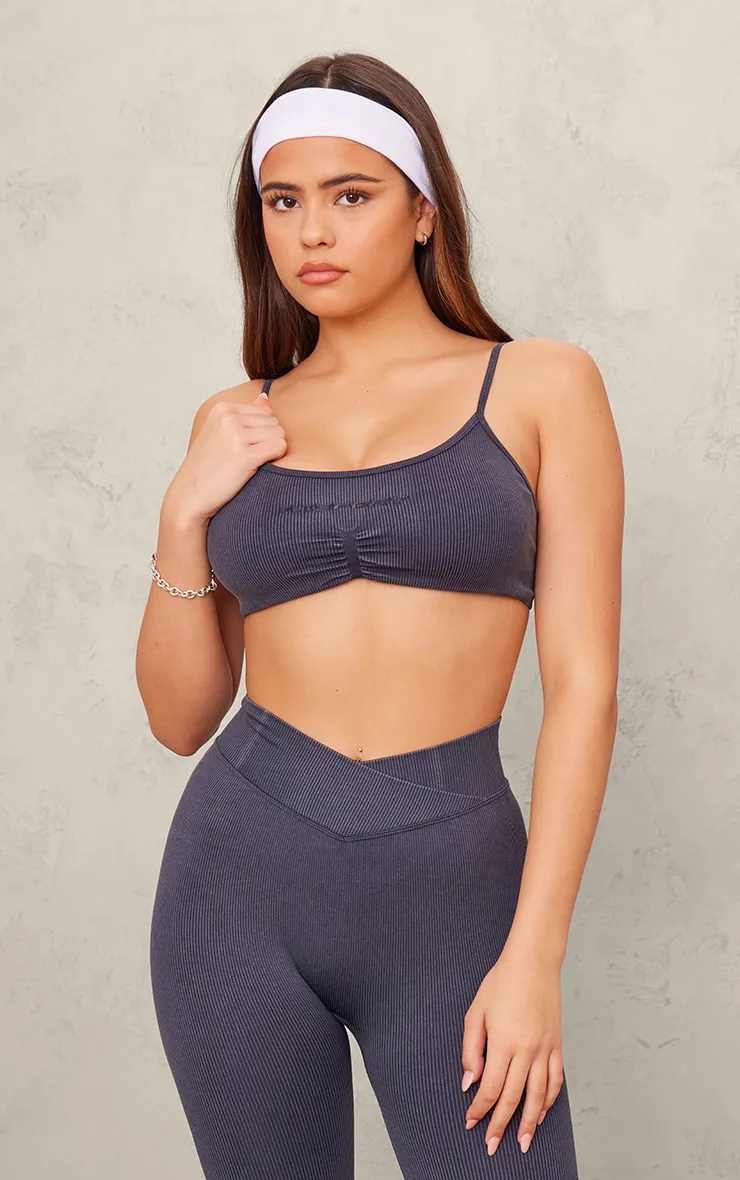 PLT Sport Soutien-gorge de sport gris anthracite délavé javélisé côtelé sans coutures