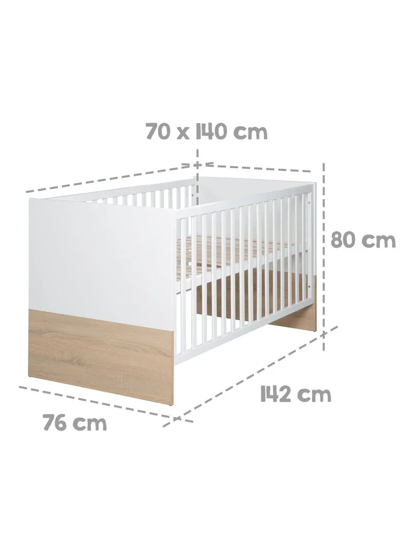 ROBA Lit bébé évolutif "Gabriella" - 70x140 - Hauteur Réglable - 0 à 7 Ans - Blanc/ Décor Bois - Blanc Marron