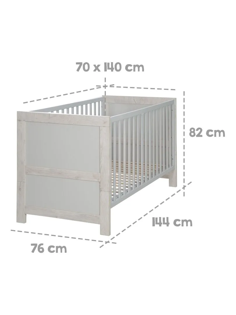 ROBA Lit bébé évolutif "Mila" - 70x140 - Hauteur Réglable - 0 à 7 Ans - Gris clair/ Chêne Blanchi - Gris clair