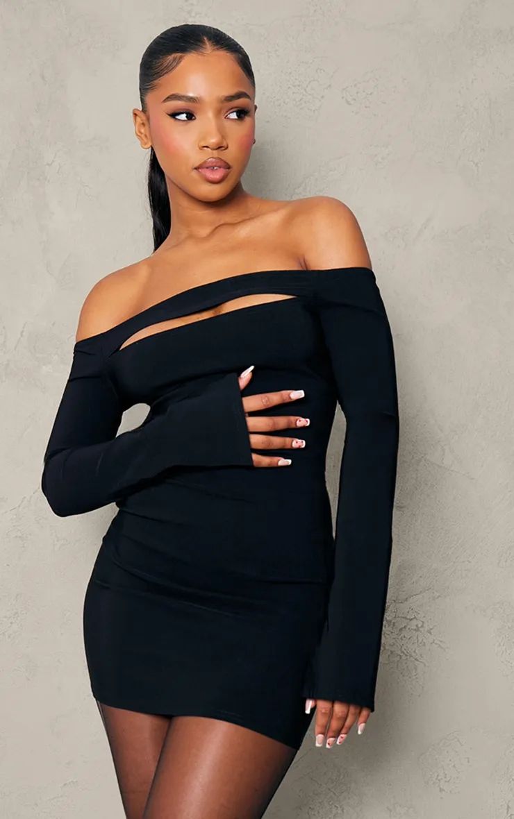 Robe droite noire tissée stretch à col bardot