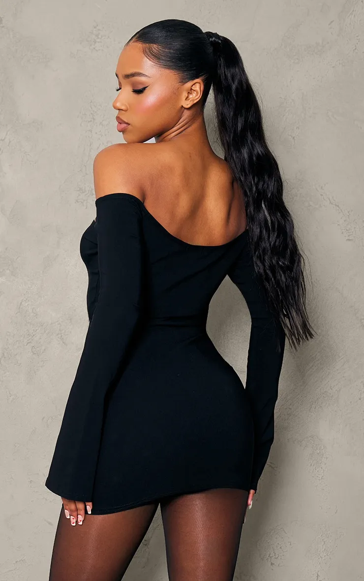 Robe droite noire tissée stretch à col bardot