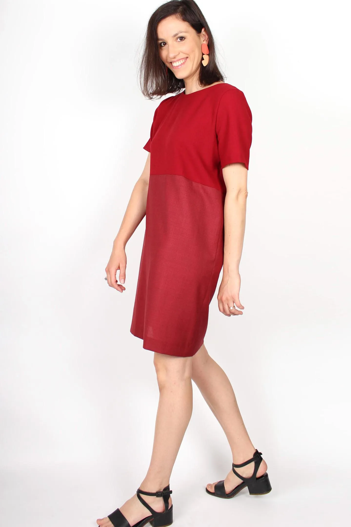 Robe droite rouge bi-matière manches t-shirts en laine froide Carolyne