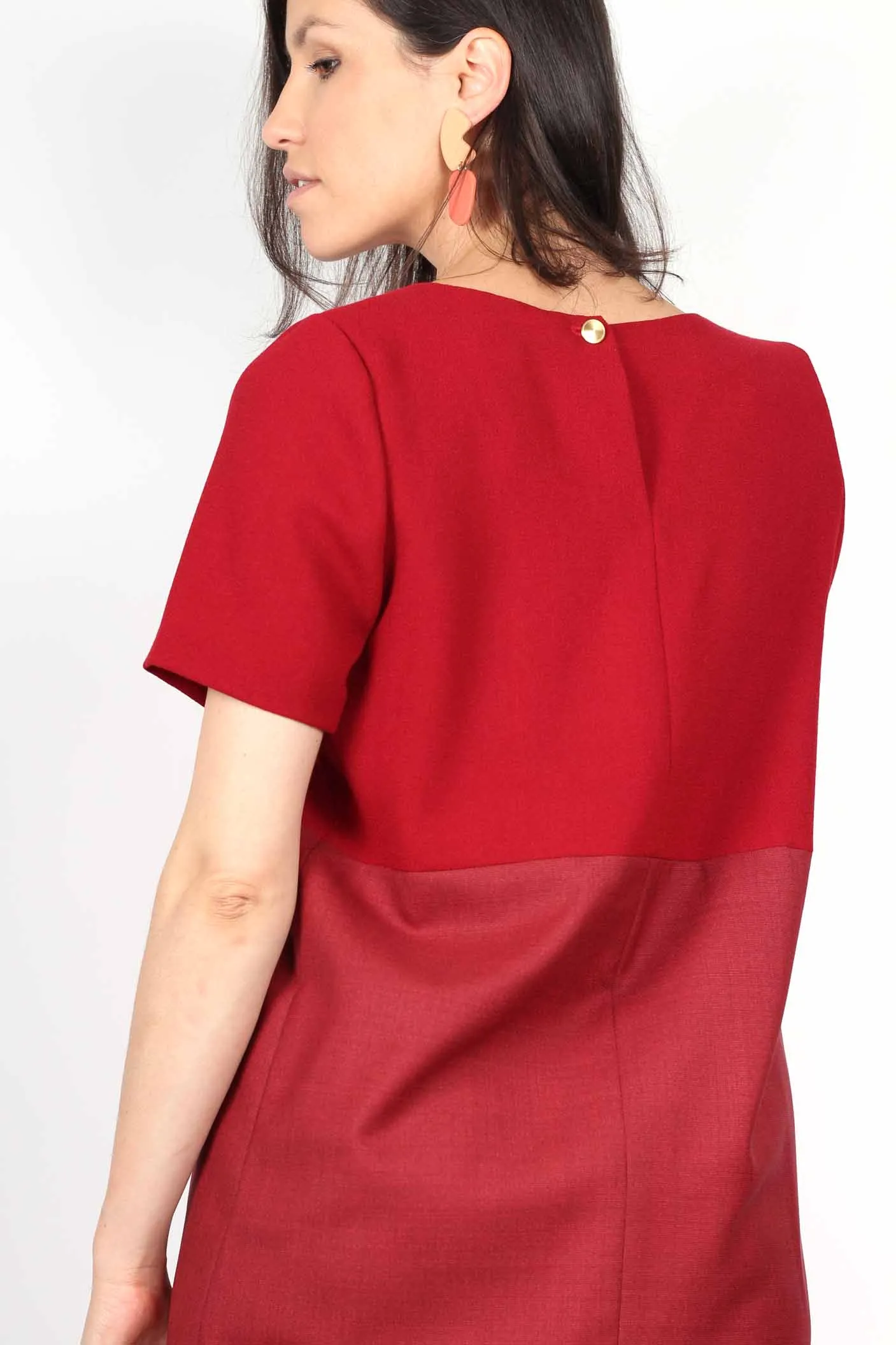 Robe droite rouge bi-matière manches t-shirts en laine froide Carolyne