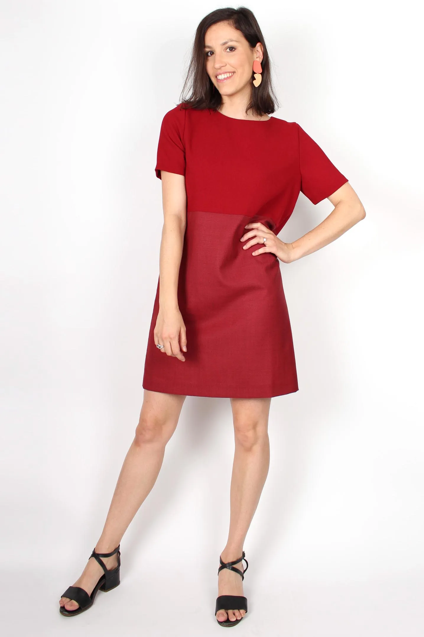 Robe droite rouge bi-matière manches t-shirts en laine froide Carolyne