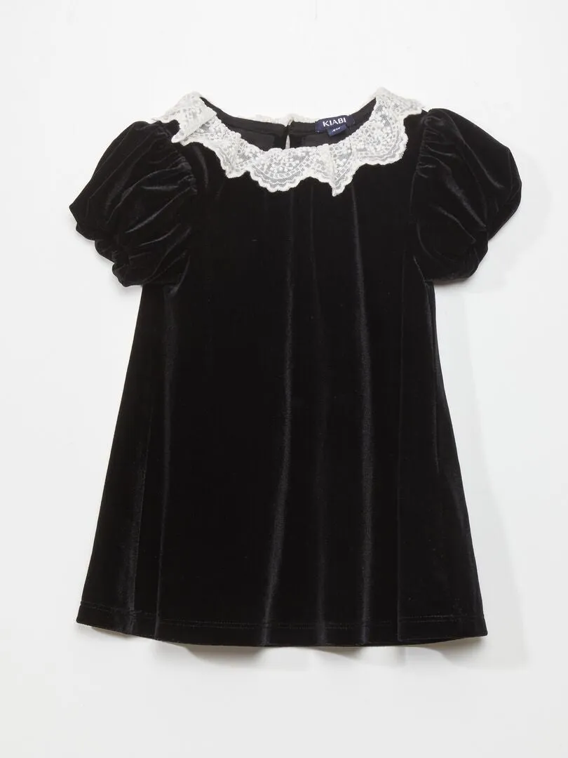 Robe en velours avec col en tulle brodé - noir