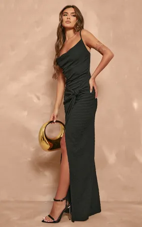 Robe longue texturée noire à col bénitier noué