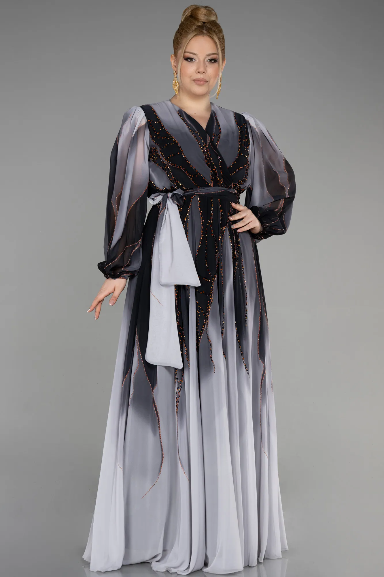 Robes De Haute Couture En Grandes Tailles Longue Mousseline Noir-Anthracite ABU3648