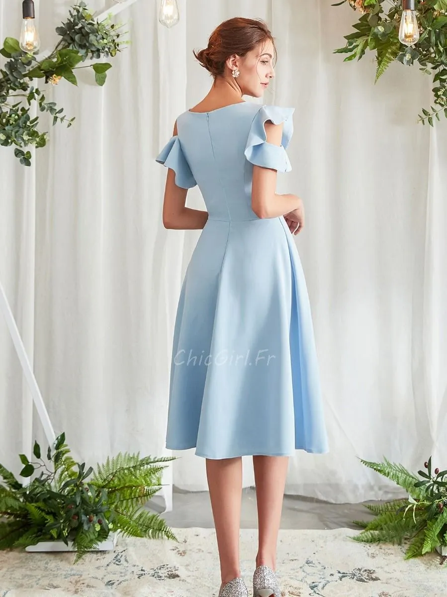 Robes De Soirée étudiante Epaule Ouverte Courte Bleu Clair Satin Simple