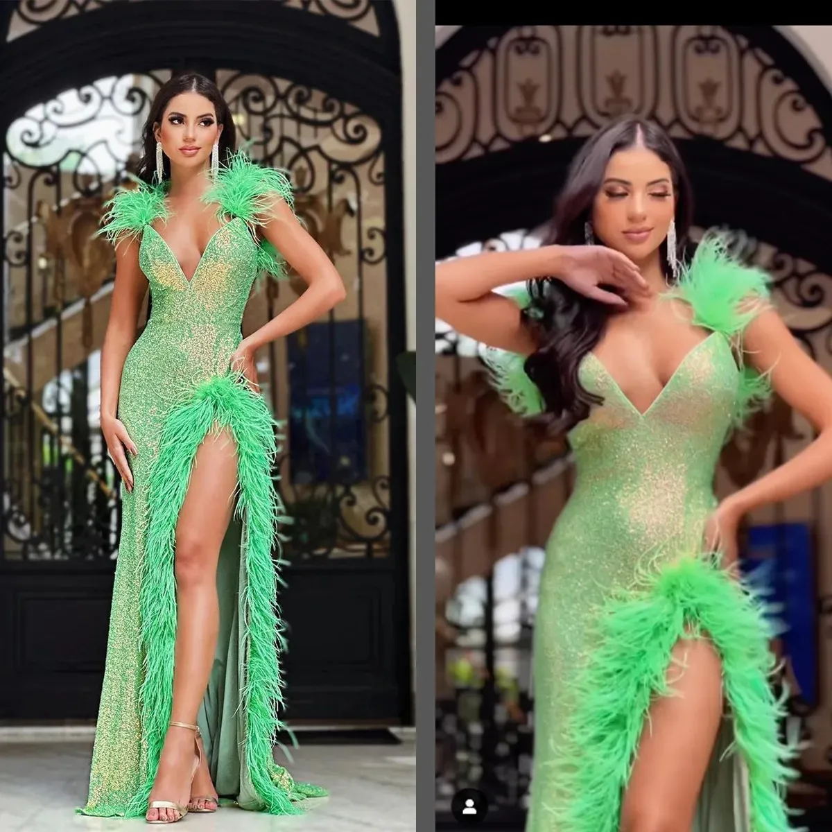 Sexy Col En V Sirène Robes De Bal Brillant Sans Manches Paillettes Dentelle Formelle Occasion Robe Plume Aso Ebi Robe De Soirée 