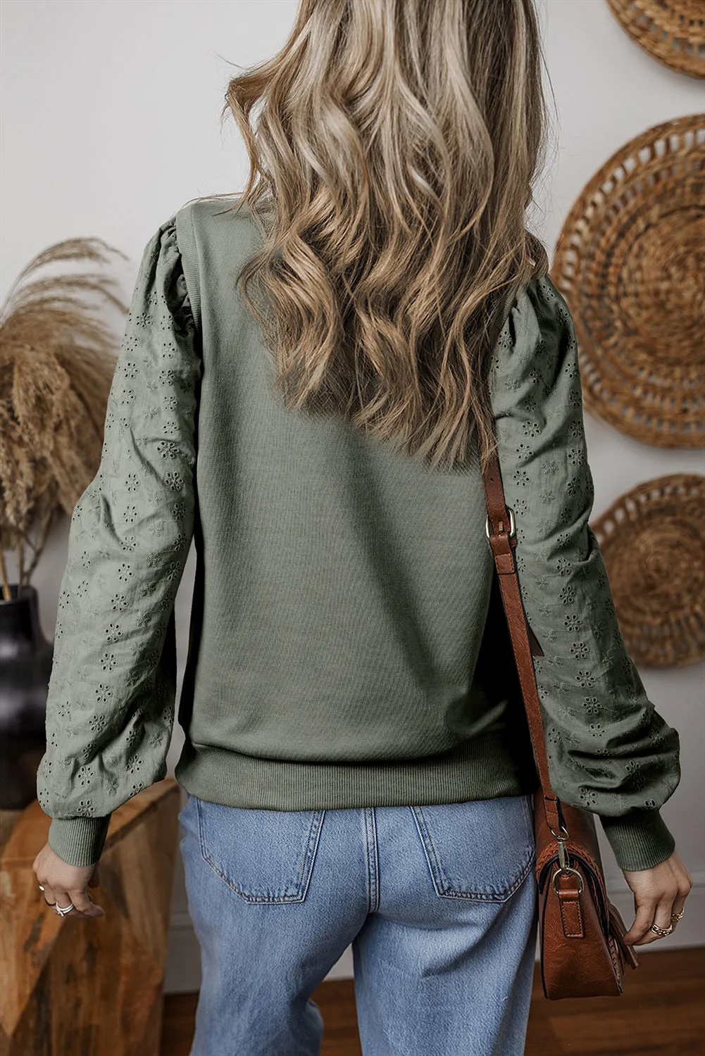 Sweat-shirt à col rond et manches patchwork uni vert gristre