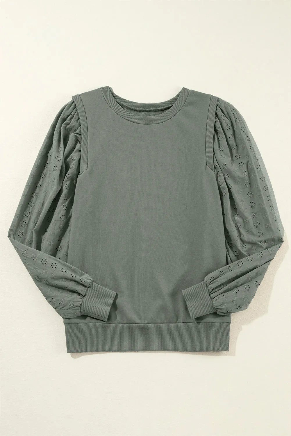 Sweat-shirt à col rond et manches patchwork uni vert gristre