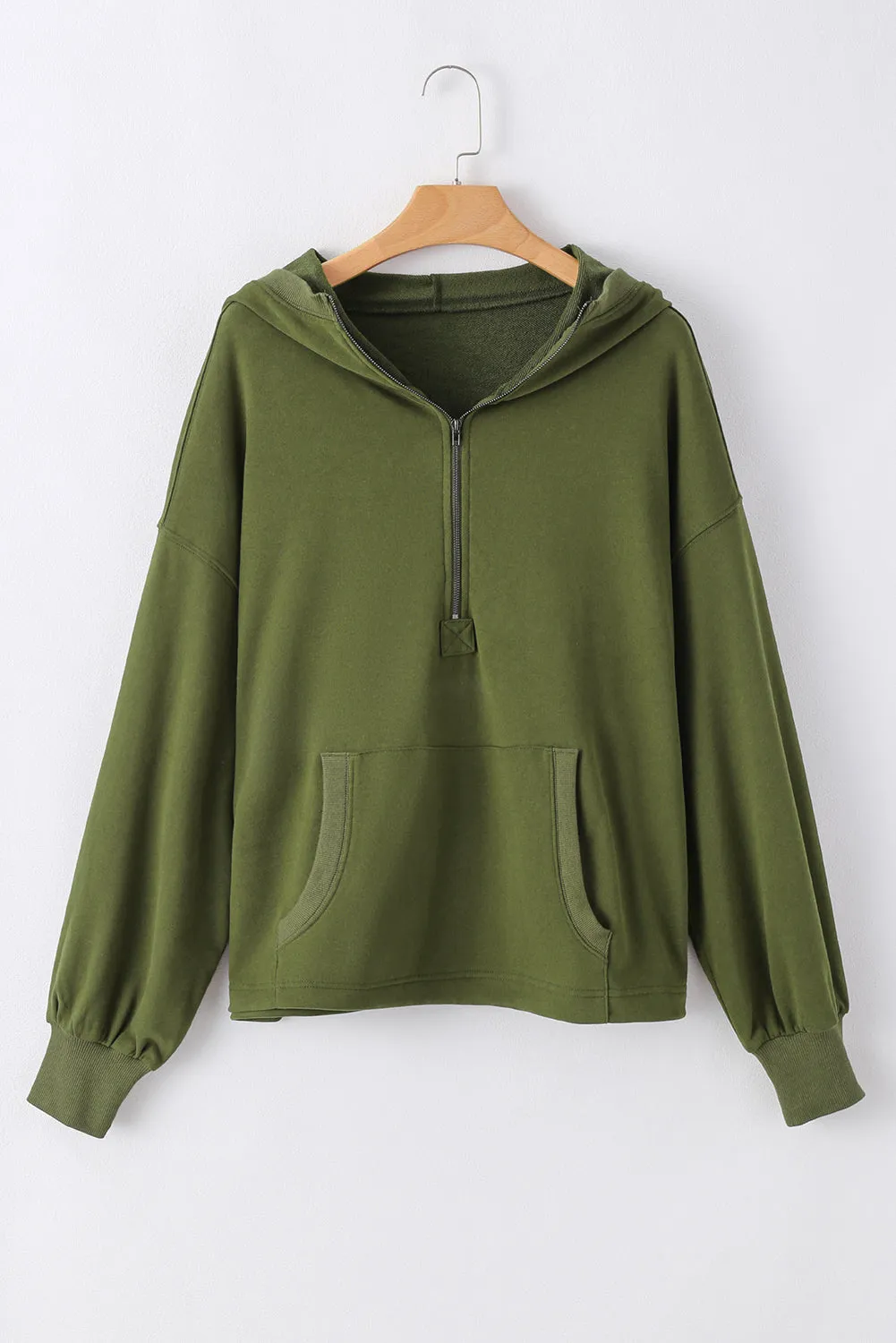 Sweat à capuche surdimensionné avec poche kangourou unie et demi-fermeture éclair vert mousse