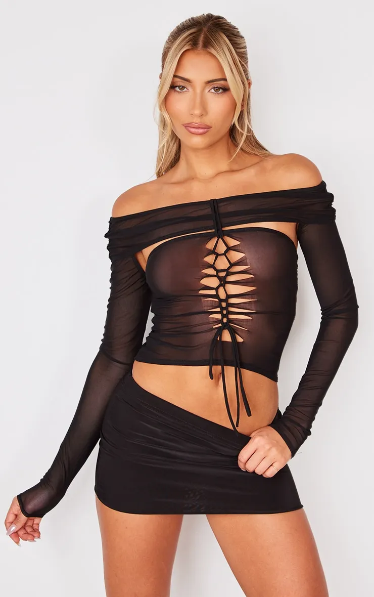 Top long en mesh noir à lacets