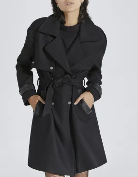 Trench long en mix laine et finitions faux cuir noir femme