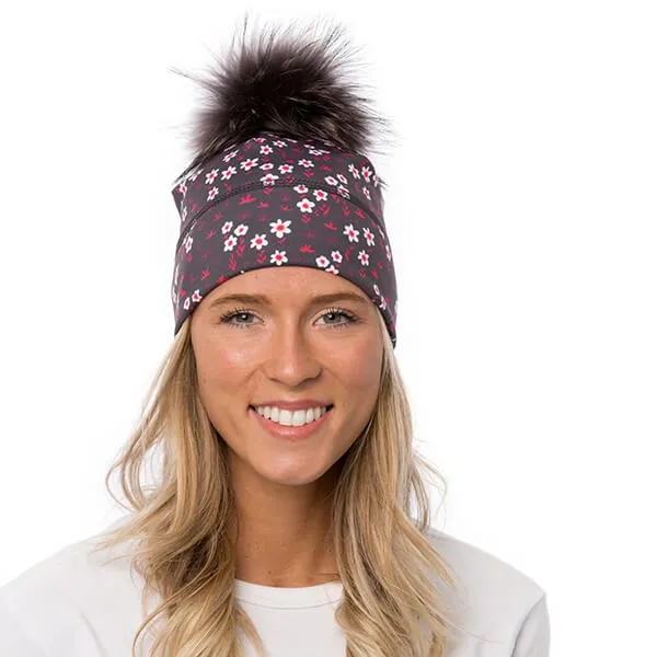 Tuque Petites fleurs asphalte à pompon en fourrure recyclée