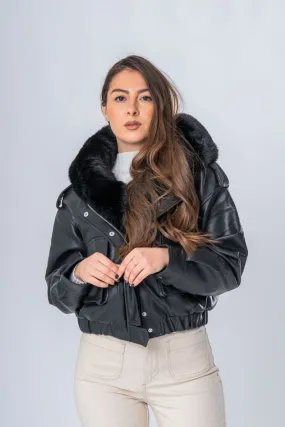 Veste courte simili cuir à capuche fausse fourrure noir